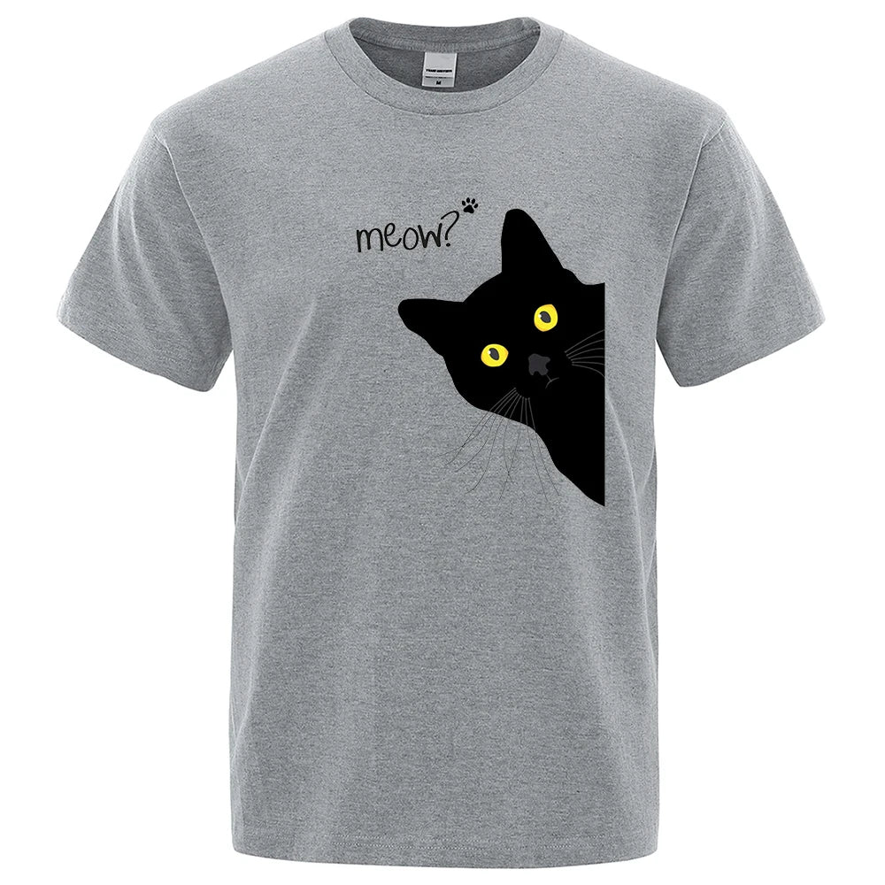 Meow Black Cat Funny Printing Men T-Shirts Breathable Tee Clothes Summer Streetwear Tops Unisex Loose Cotton Short Sleeve