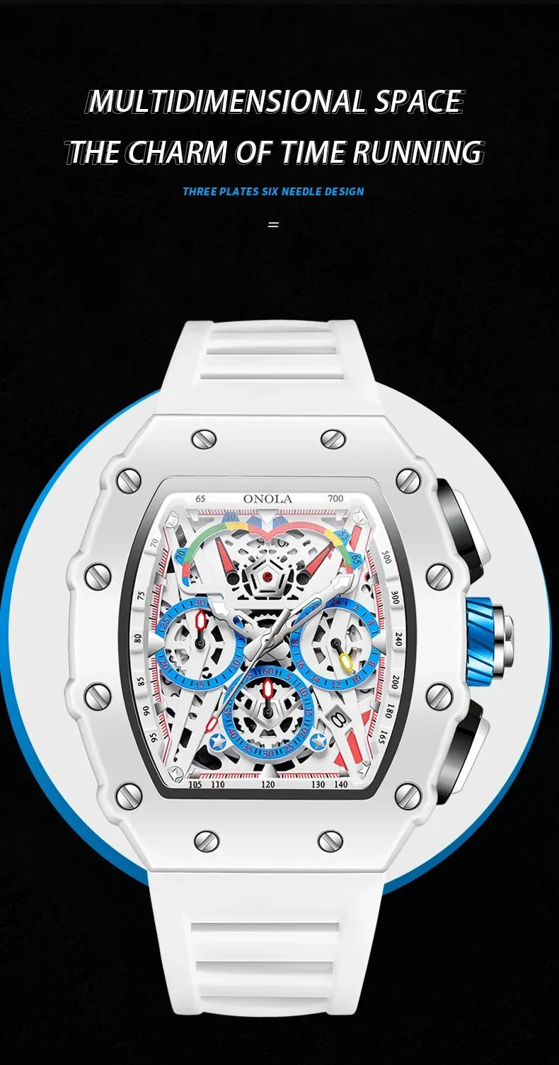 Watches for Man ONOLA 6827W Trend White Men Watch Waterproof Chronograph Quartz Wristwatch Sports Silicone Strap Reloj Hombre