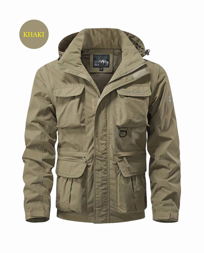 Waterproof Men Jackets Casual Work Coats Detachable Hooded Multi-Pocket Jackets Autumn Outdoor Windproof  Camping Outerwear Coat