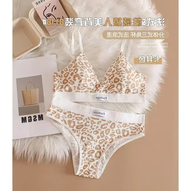 Women Seamless Bra Set Low Waist Panties Leopard Bralette Sexy Lingerie Set Vneck Sport Brassiere Female Cotton Underwear Set