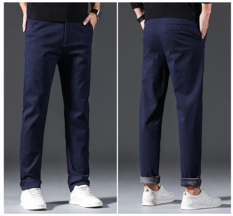 New Winter Mens Clothing Warm Casual Pants 98% Cotton Fleece Straight Business Thicken Men Pants Stretch Classic Velvet Trousers