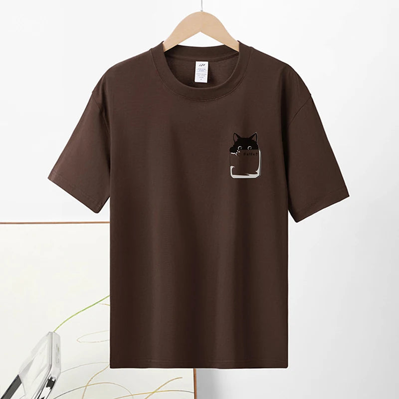 Summer New Pure Cotton Cat Printed Men T-shirts Short Sleeve Casual Solid Color Simple Thin Men Tops BOK0121