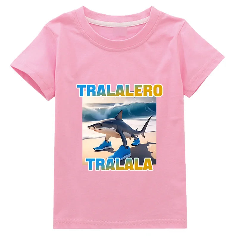 Tralalero Tralala Funny Shark Meme Kids Clothes Summer Boys Short Sleeve Outerwear Girls Casual T Shirt Children Clothes
