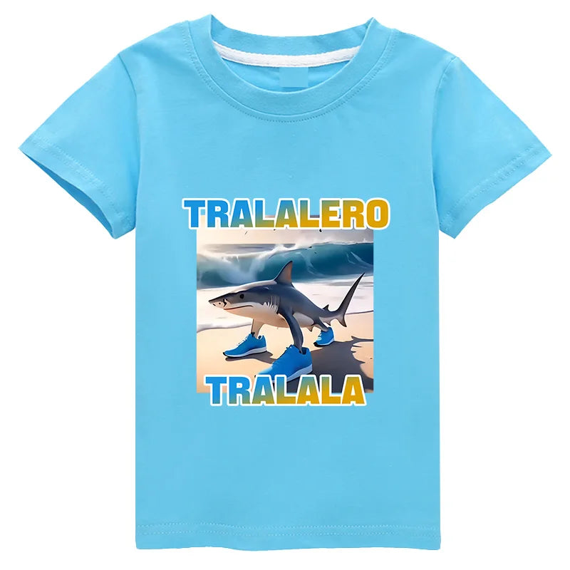Tralalero Tralala Funny Shark Meme Kids Clothes Summer Boys Short Sleeve Outerwear Girls Casual T Shirt Children Clothes