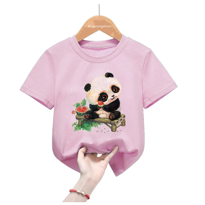 Rainbow Panda Birthday Gift Pink T Shirt Girls Harajuku Kawaii Kids Clothes Summer Fashion Tops Tee Shirt Funny T-Shirt