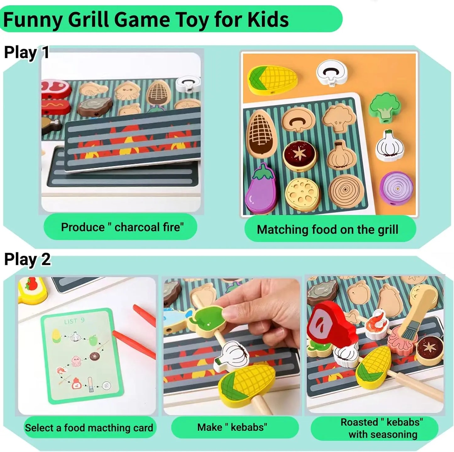 Wooden Kitchen Toys Set for Kids,Pretend Cooking Food Playset-BBQ Grill Toy with Food & Kitchen Toy Accessories Fine Motor Toys