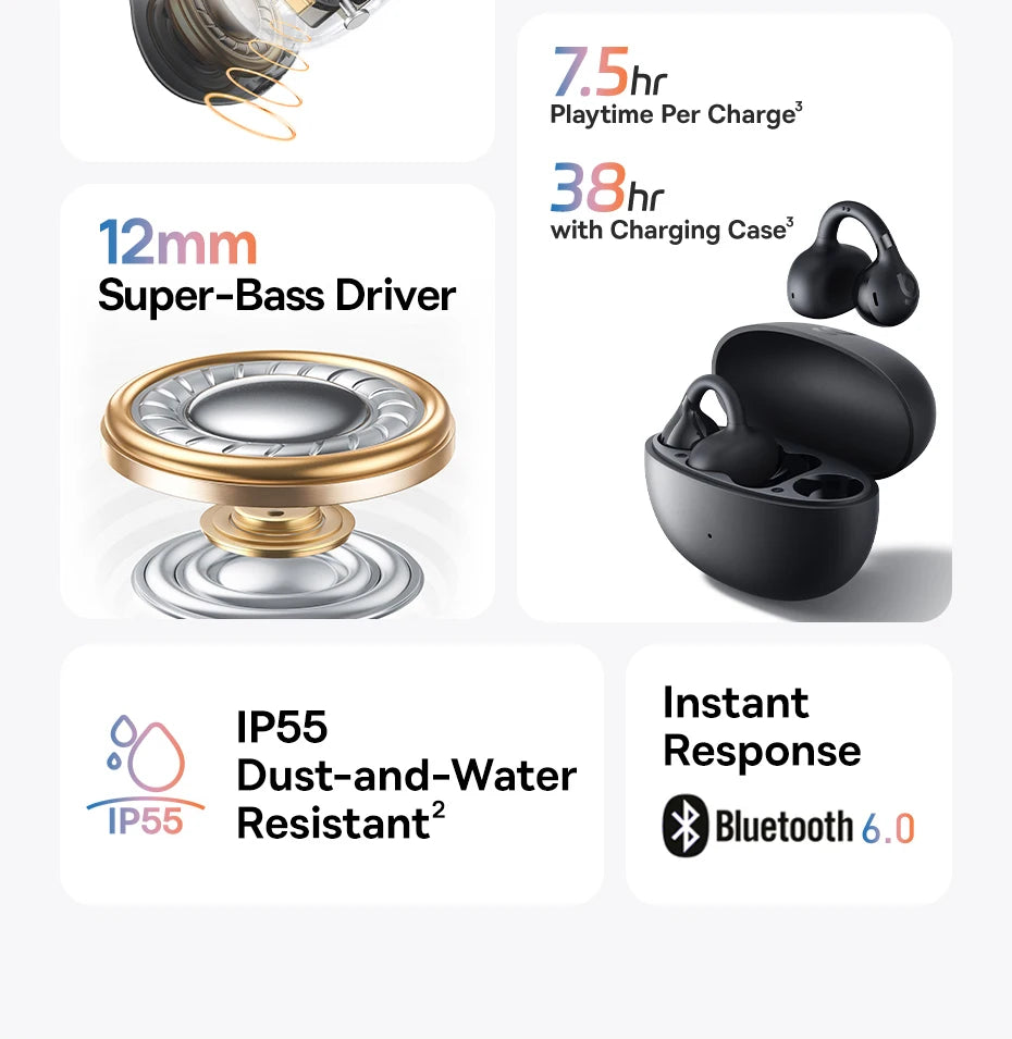 Baseus BC1 Earphones OWS Ear Clip Wireless Bluetooth 6.0 Headphones 4 Mic Call Noise Reduction Earbuds Low Latency Gamer Headset