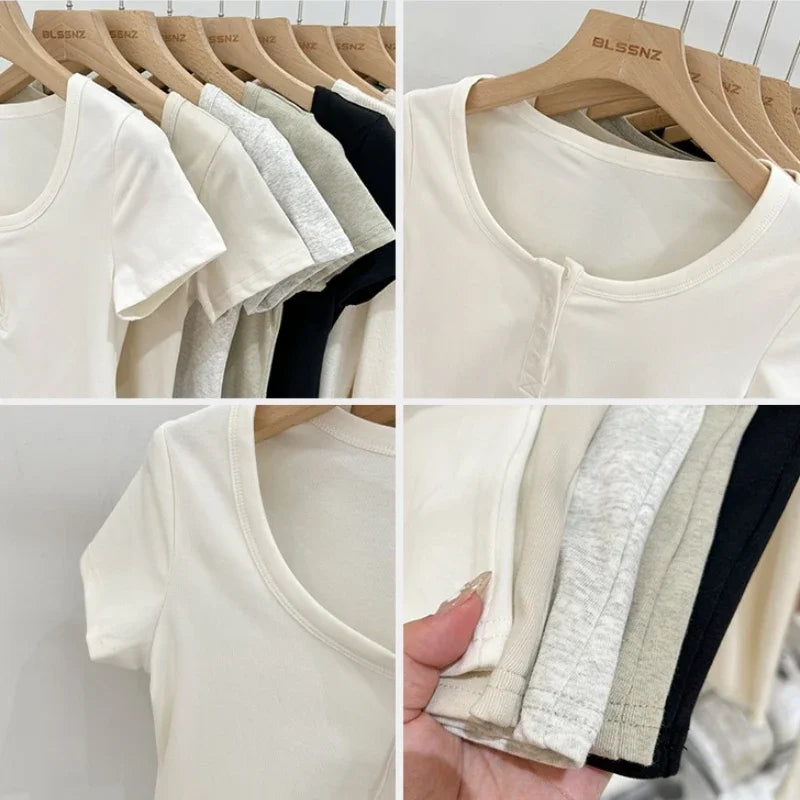 Women T Shirt Button T-Shirt Woman Clothes Tops Cotton Slim Tshirt Female Short Sleeve Top Summer Tee Sexy Canale Y2k