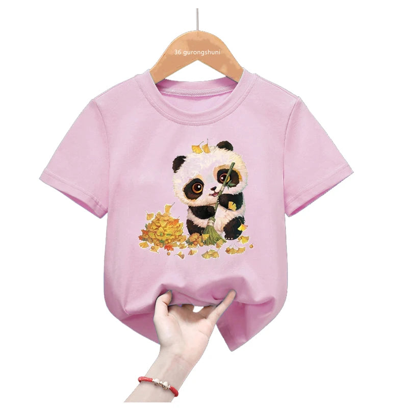 Rainbow Panda Birthday Gift Pink T Shirt Girls Harajuku Kawaii Kids Clothes Summer Fashion Tops Tee Shirt Funny T-Shirt