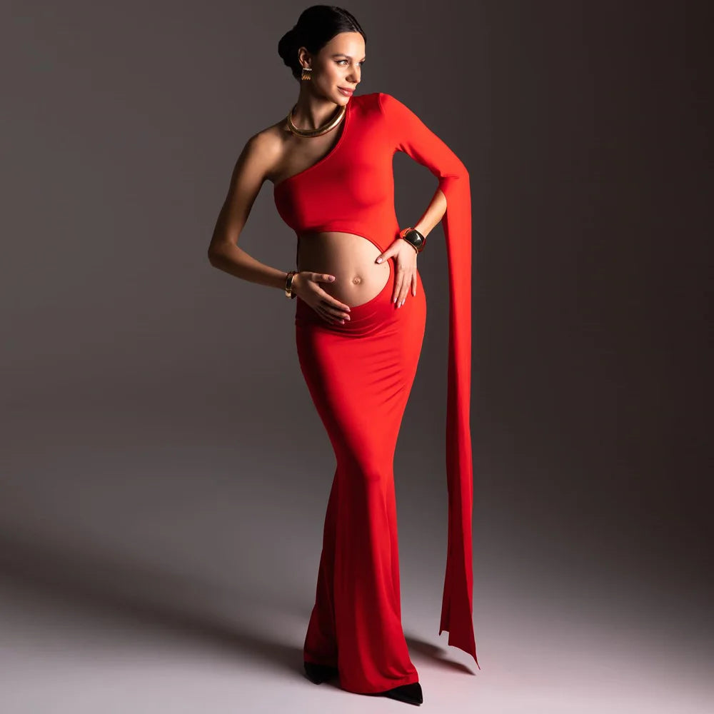 Maternity Dresses For Baby Showers Sexy Hollow Out Design Red Dress One Shoulder Extra Long Sleeves Photography Dress For Women