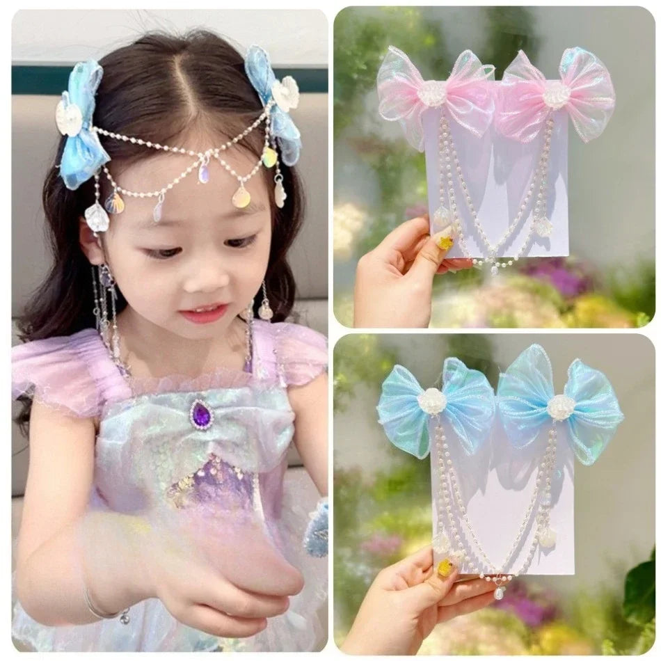 Baby Girls Cute Mermaid Princess Pearl Tassel Bow Forehead Chain Hair Clip Children Hair Accessories Girls Super Hair Clip TM04