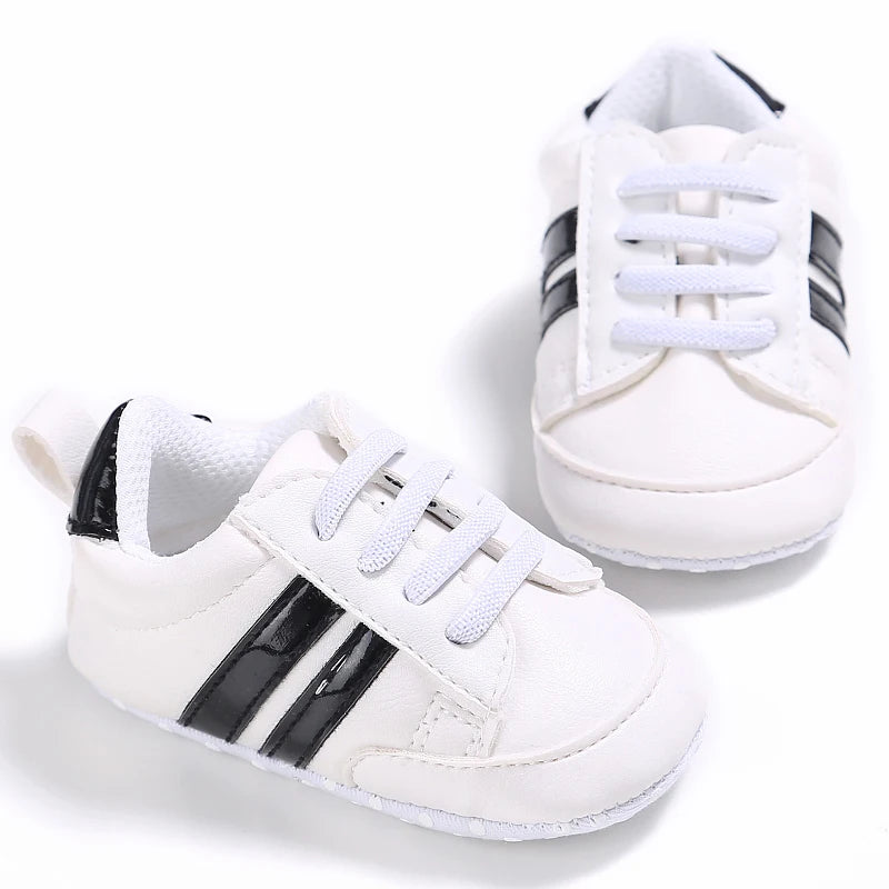 Baby Shoes Newborn Boys Sneaker Girls Two Striped First Walkers Kids Toddlers Lace Up PU Leather Soft Soles Sneakers 0-18 Months