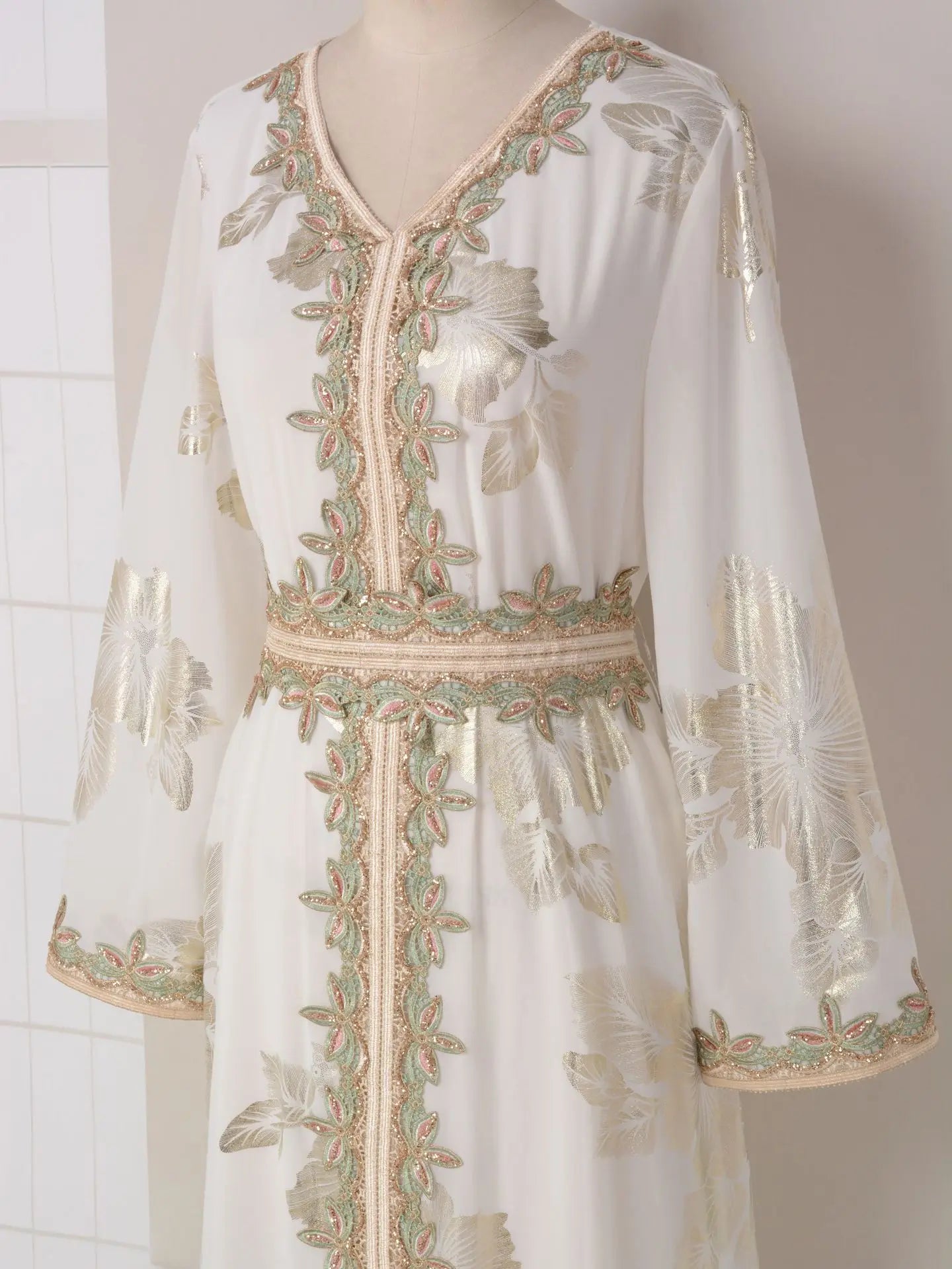 Eid Muslim Women Dress Gown Turkish Caftan Abaya Jalabiya Ramadan Party Dresses Morocco Kaftan V Neck Belt Embroidery Vestidos