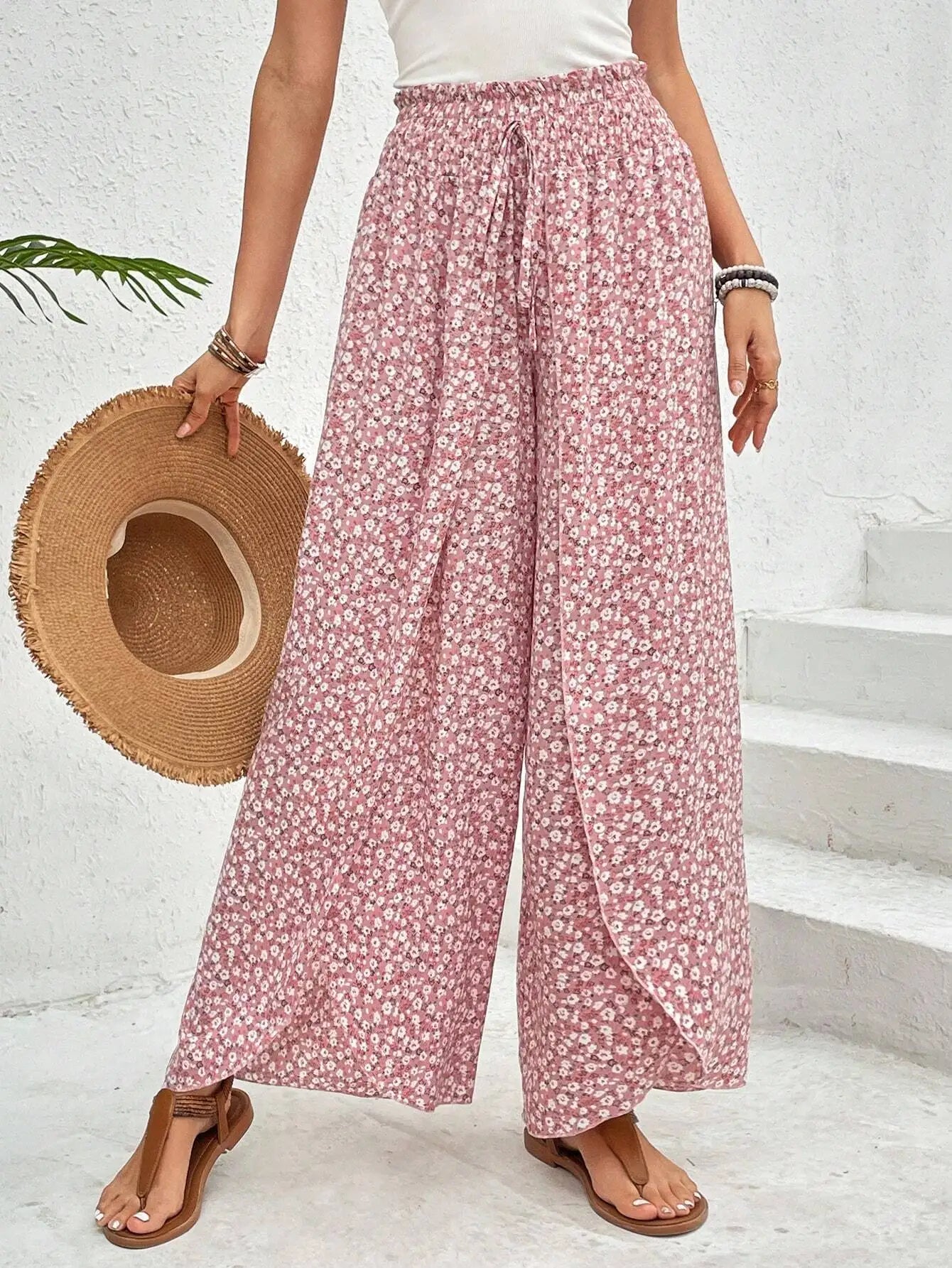 Women's Pants 2025 Summer New Fashion Floral Side Wide Leg Skirt Pants Calça Feminina Pantalon Mujer Pantaloni Lange Hosen