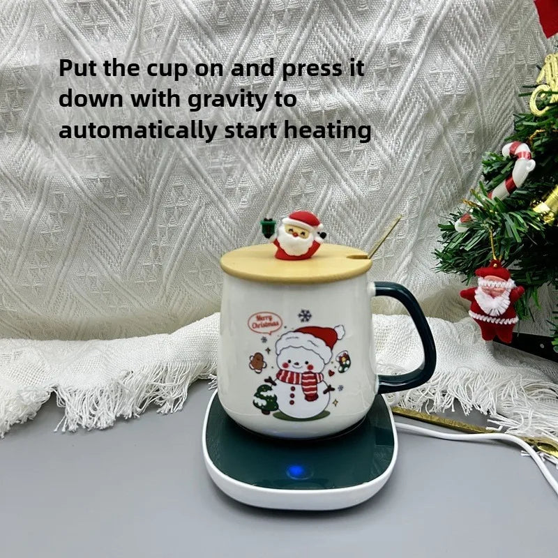Christmas gift set: 55-degree warm ceramic cup with lid, Santa Claus mug, office coffee cup