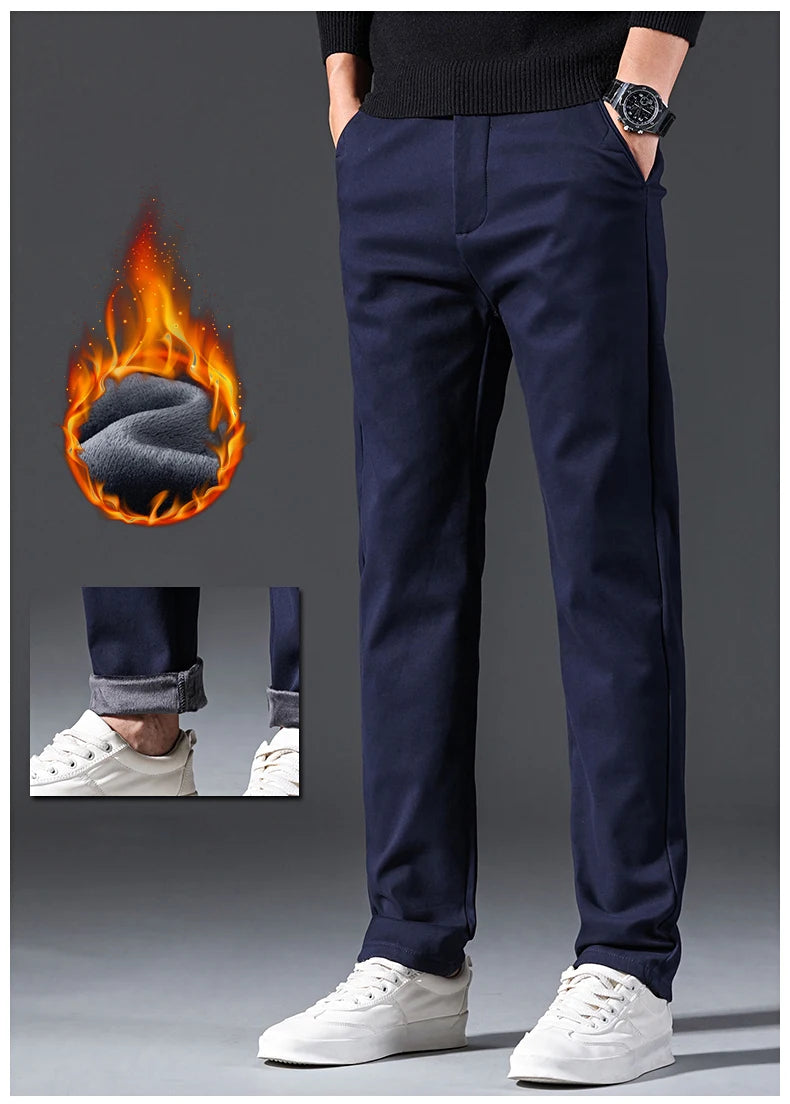 New Winter Mens Clothing Warm Casual Pants 98% Cotton Fleece Straight Business Thicken Men Pants Stretch Classic Velvet Trousers