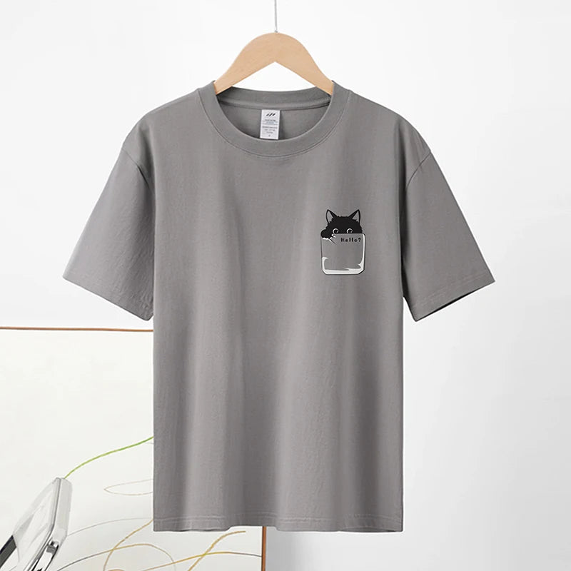 Summer New Pure Cotton Cat Printed Men T-shirts Short Sleeve Casual Solid Color Simple Thin Men Tops BOK0121