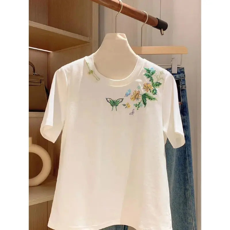Pure Cotton Heavy Industry Embroidered Beaded Short-sleeved T-shirt for Women 2025 Summer New Loose Slim Fashion Top