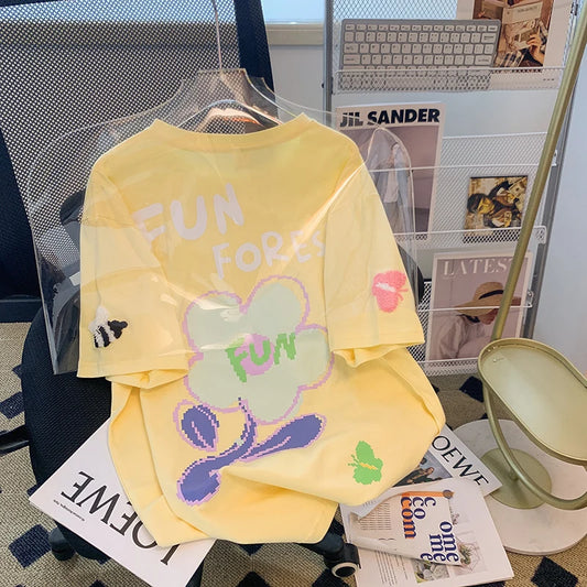 Pure Cotton Short Sleeved T-shirt Women's Summer 2024 Embroidered Flower Trend Round Neck New Top Oversized Women's Clothing