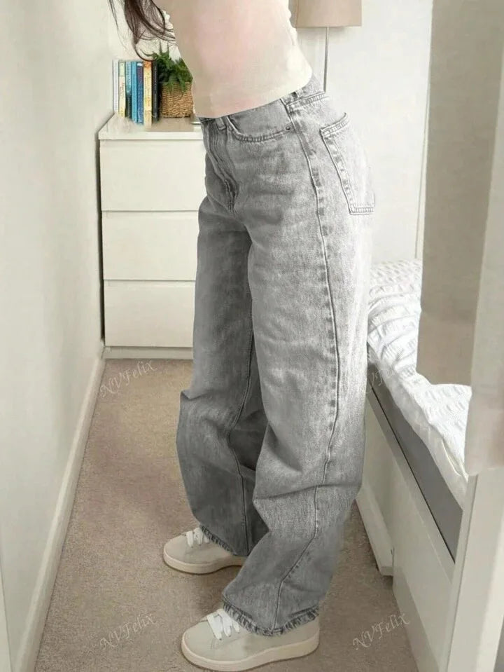 Jeans Women Straight Pants Denims Washed High Waist Distressed Pockets Female 2025 Streetwear Vintage Full Length Trousers