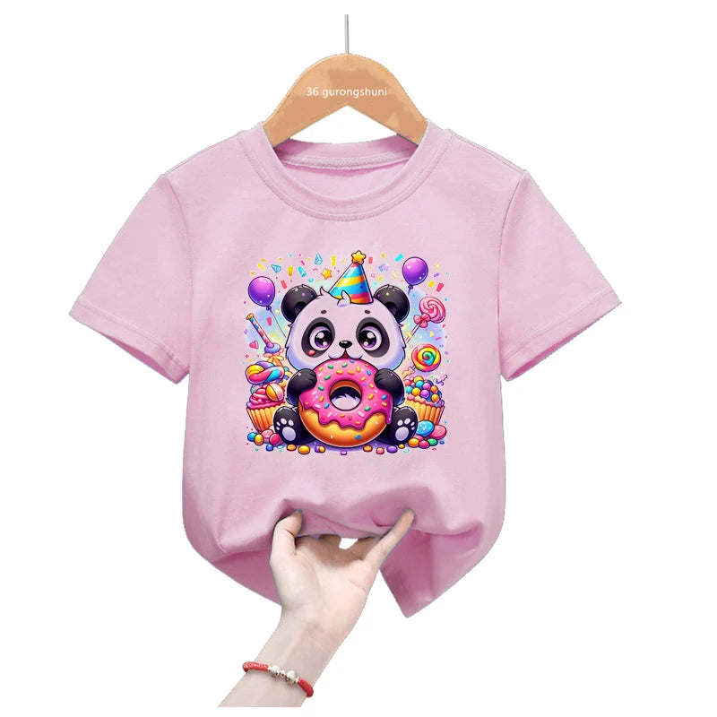 Rainbow Panda Birthday Gift Pink T Shirt Girls Harajuku Kawaii Kids Clothes Summer Fashion Tops Tee Shirt Funny T-Shirt