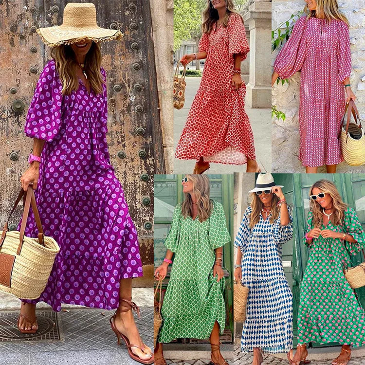 Summer Women Dresses Floral Print Ruffles Boho V-neck Puff Sleeve Casual Loose Beach Dress Half Sleeve Holiday Maxi Long Dress
