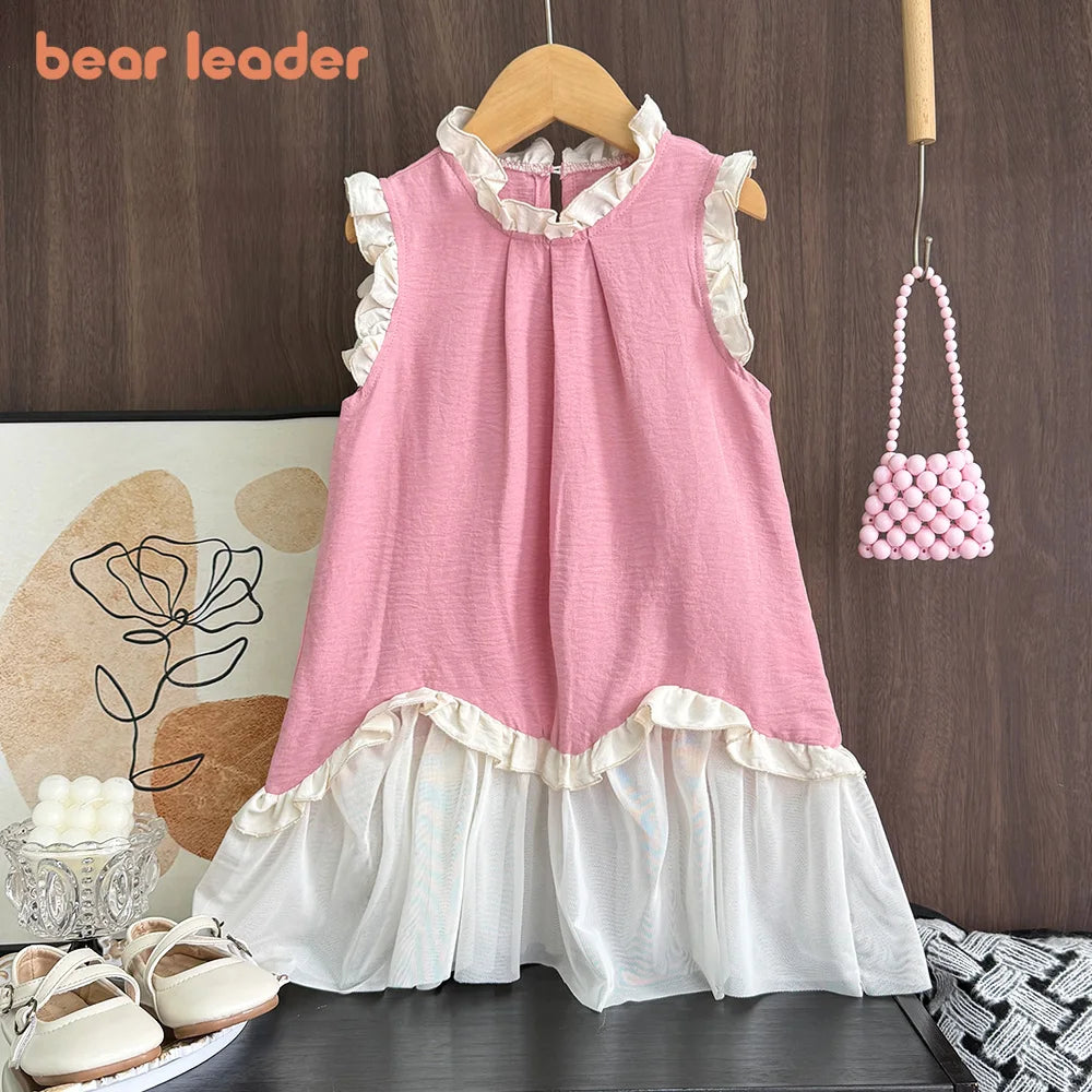 Bear Leader Korean Solid Color Kids Clothes Summer Pink Lace Girls Dress Sleeveless Black Fungus Edge Mesh Splicing Dresses