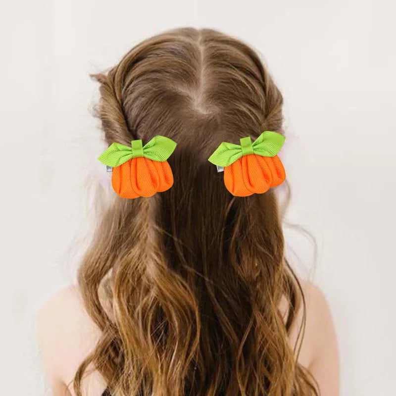 Oaoleer 2Pcs Pumpkin Hair Clip For Baby Girls Solid Grosgrain Ribbon Hair Pin Barrettes Kids Headwear Halloween Hair Accessories