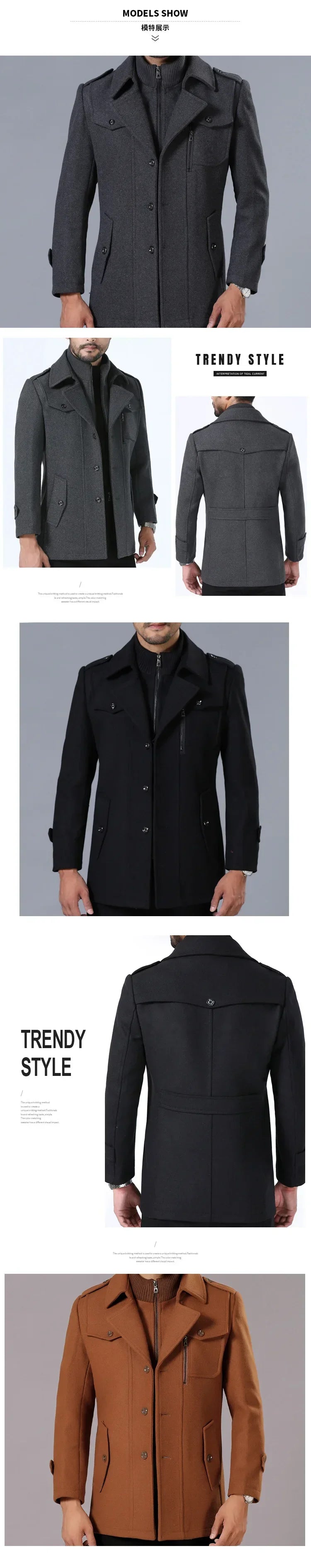 Winter Business Casual Wool Coat Men jackets Men's Woolen Coats Fashion Thicken Mid Length Trench Solid Warm Outerwear