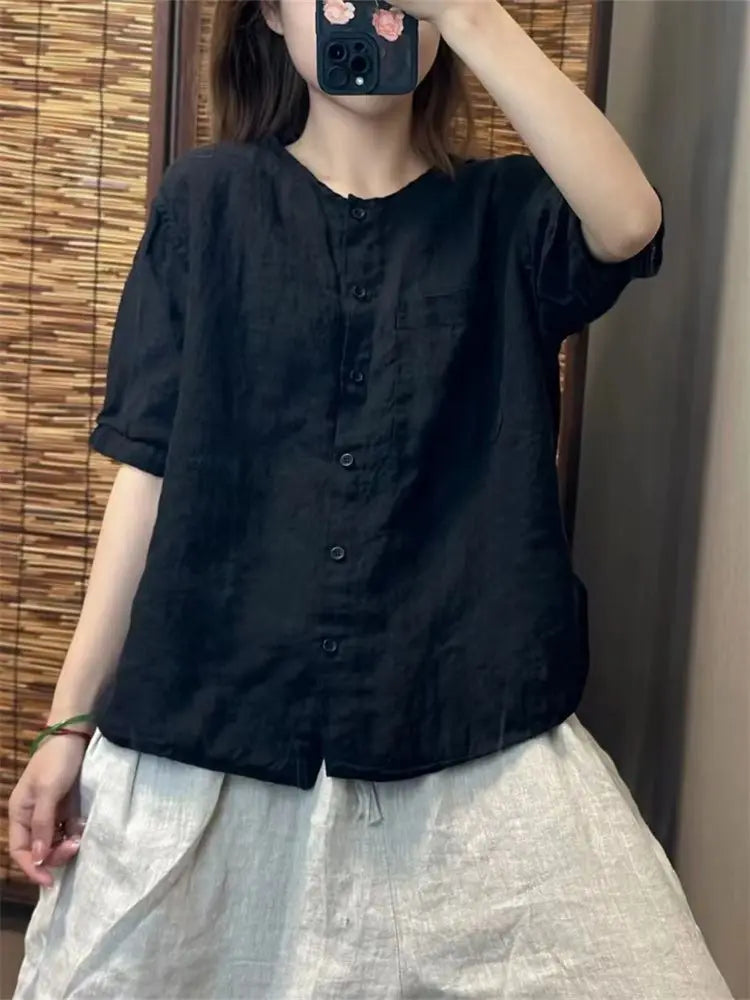 Chiffon Cotton Linen round Neck T-shirt Women Summer New Vintage Art Loose Shirt  Open Cardigan Top 2025 Short Shirt For Women