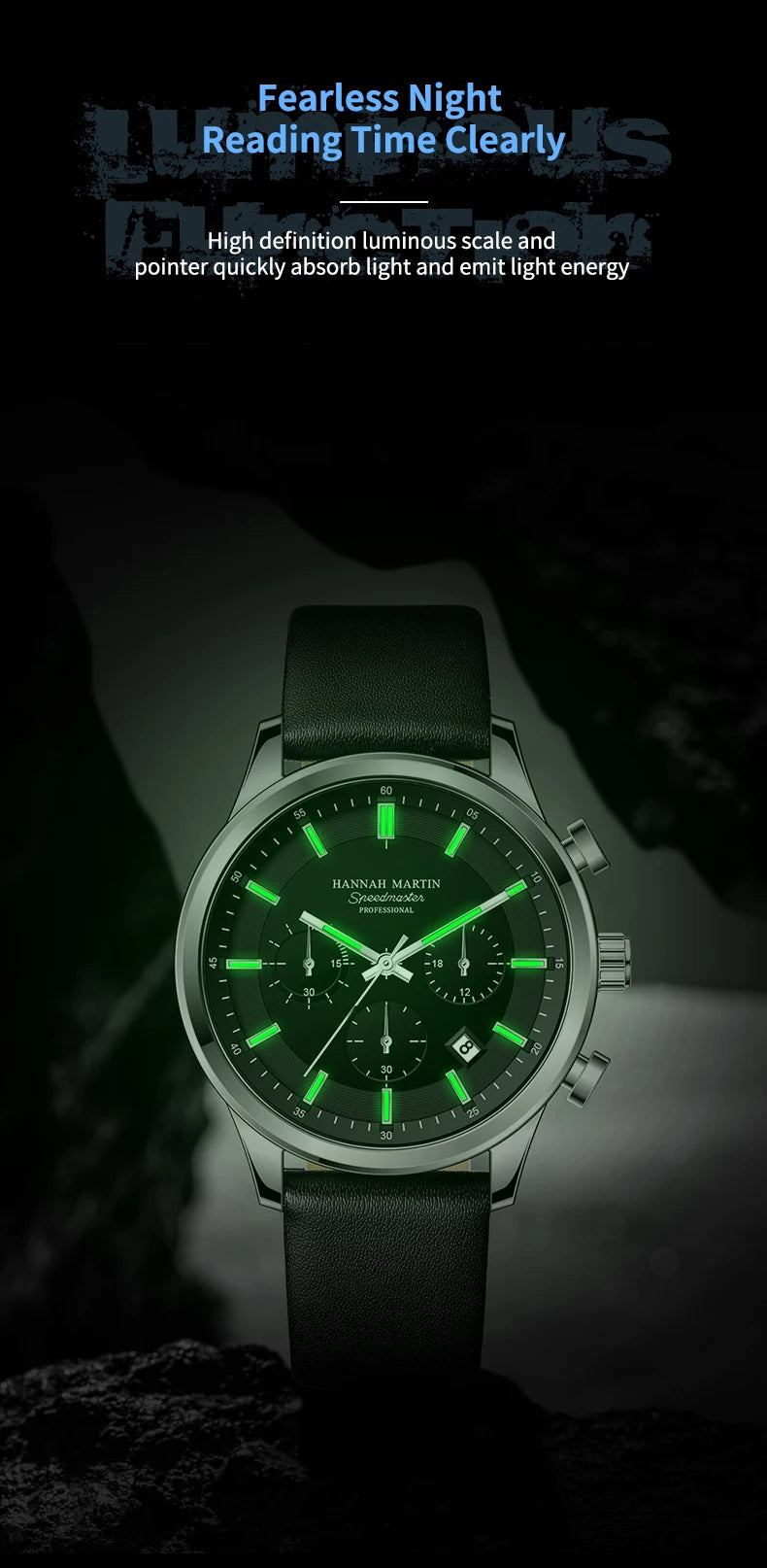 Hannah Martin Brand Men Watch Multifunctional Timing Dial Casual Sports Leather Original Quartz Movement Business Watch for Men