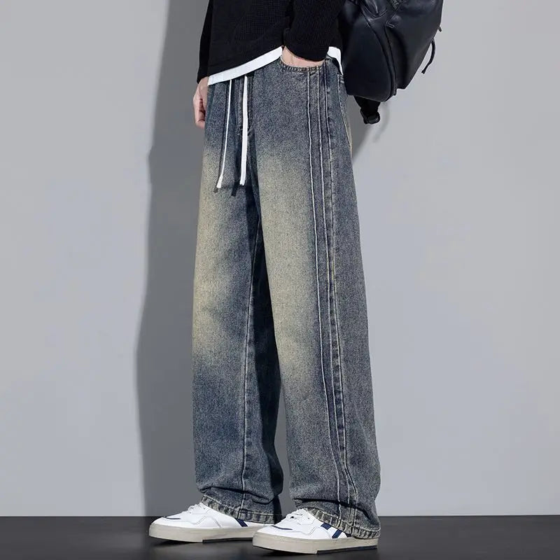 Elastic Loose Straight Jeans Men's Wide Legged Denim Pants Casual Trousers Korean Style Sportswear Clothing Jeans Men Pants
