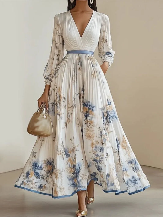 Elegant Print Dress For Women Fashion Long Sleeve V Neck High Waist Lace-up Loose Dresses Robe Femme Holiday Party Clothes New