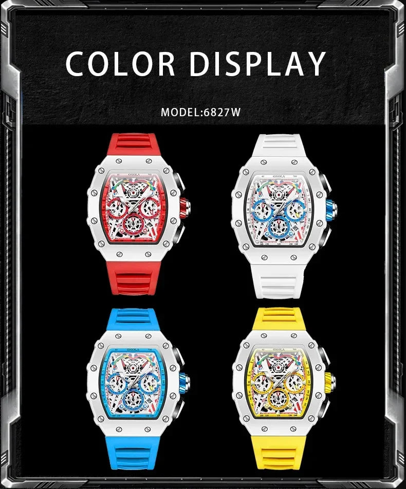 Watches for Man ONOLA 6827W Trend White Men Watch Waterproof Chronograph Quartz Wristwatch Sports Silicone Strap Reloj Hombre