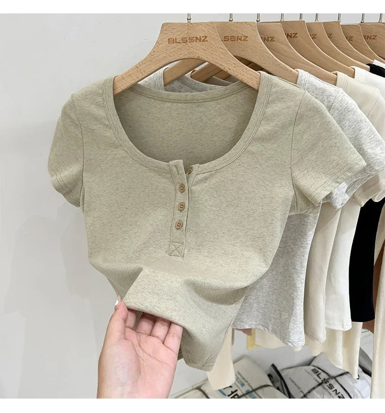 Women T Shirt Button T-Shirt Woman Clothes Tops Cotton Slim Tshirt Female Short Sleeve Top Summer Tee Sexy Canale Y2k