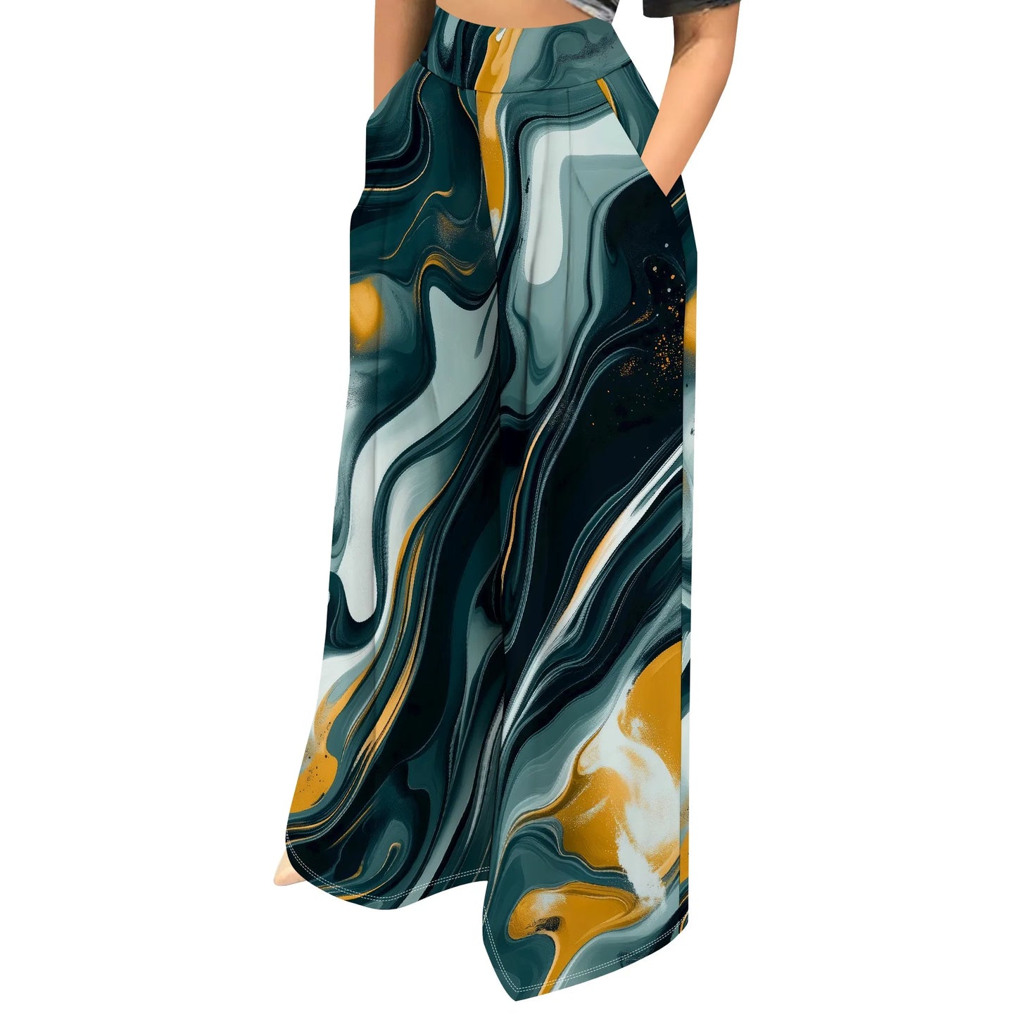 Women' s Camouflage Long Pants High Waist Wide Leg Stretchy Loose Fit Trousers with Pocket