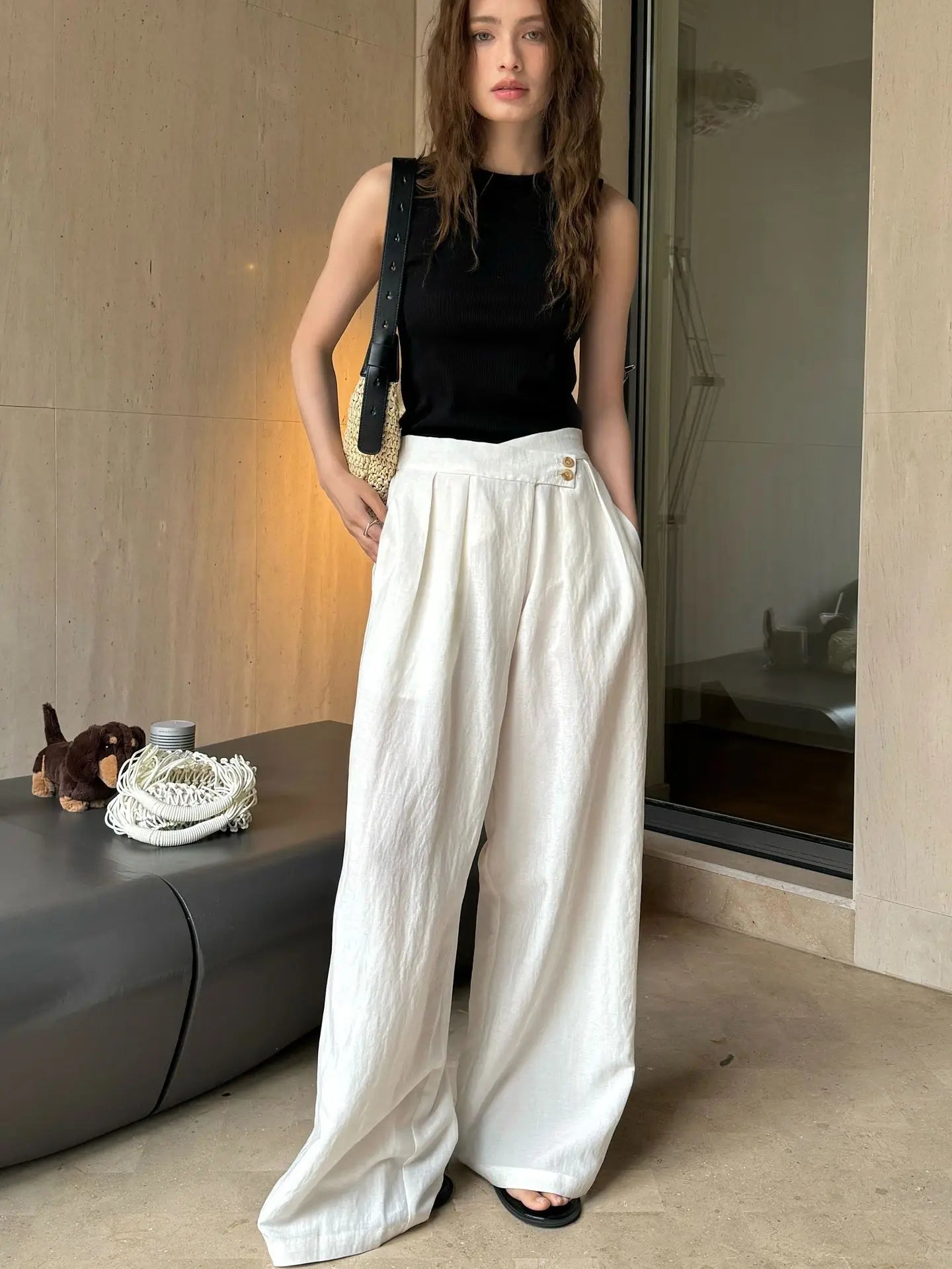 Summer women's casual solid color high waisted loose wide leg pants