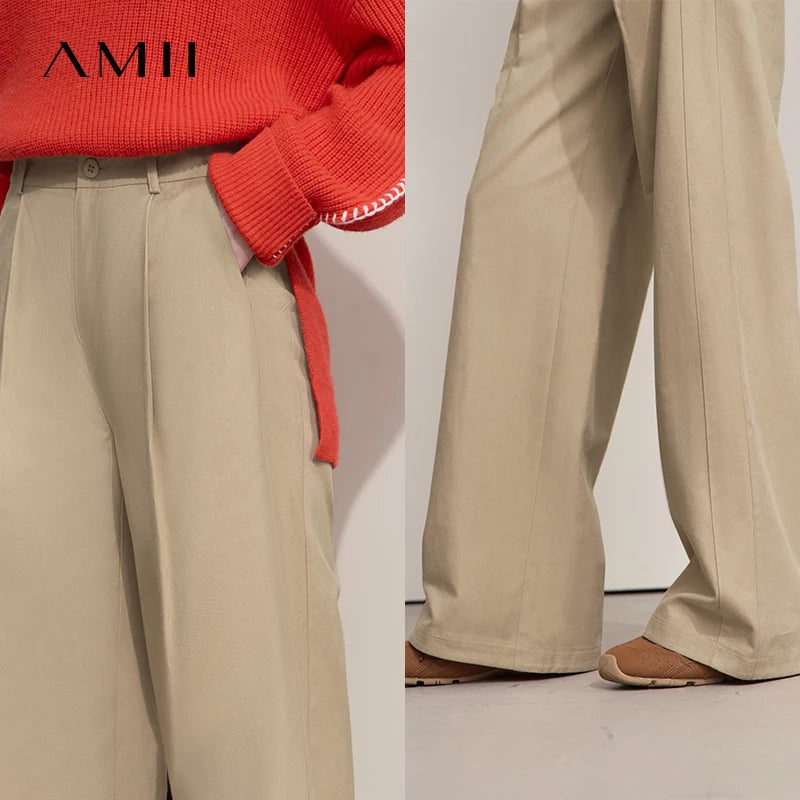 AMII Casual Women Pants 2025 Autumn Elegant Cotton Simple Loose High Waist Pleated Wide Leg Pants Office Lady Clothing 12553020
