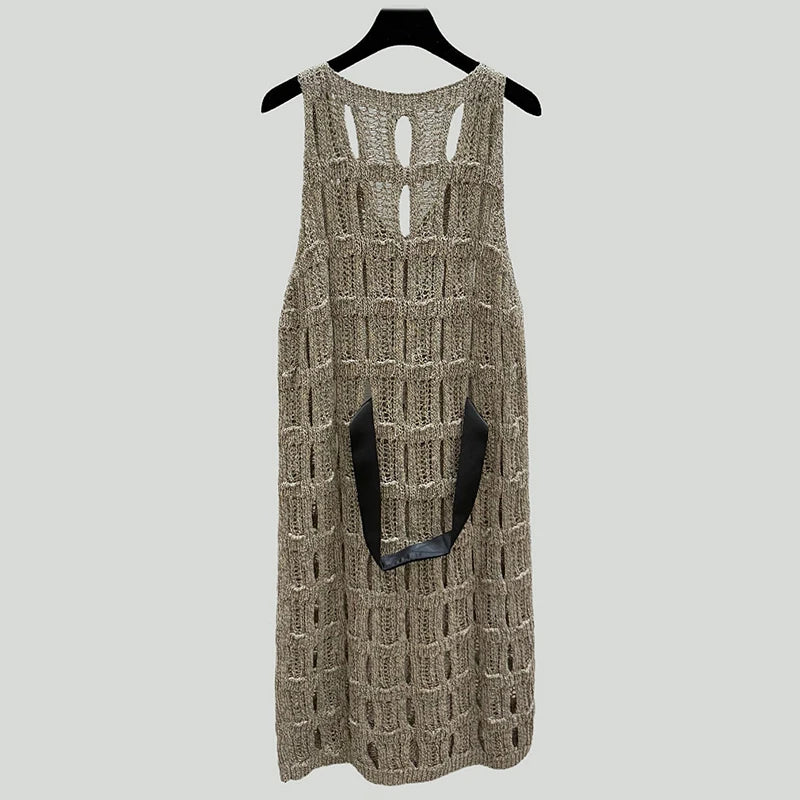 Women's dress New Sexy hollow out sleeveless long dresses for summer 2025 Bow waist belt slim midi dresses V-neck party dresses