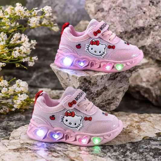Kids'Casual Shoes Girls Led Light Cartoon PU Leather Fashion Sport Flat Bottom Shoes Breathable White Pink Size 21-30