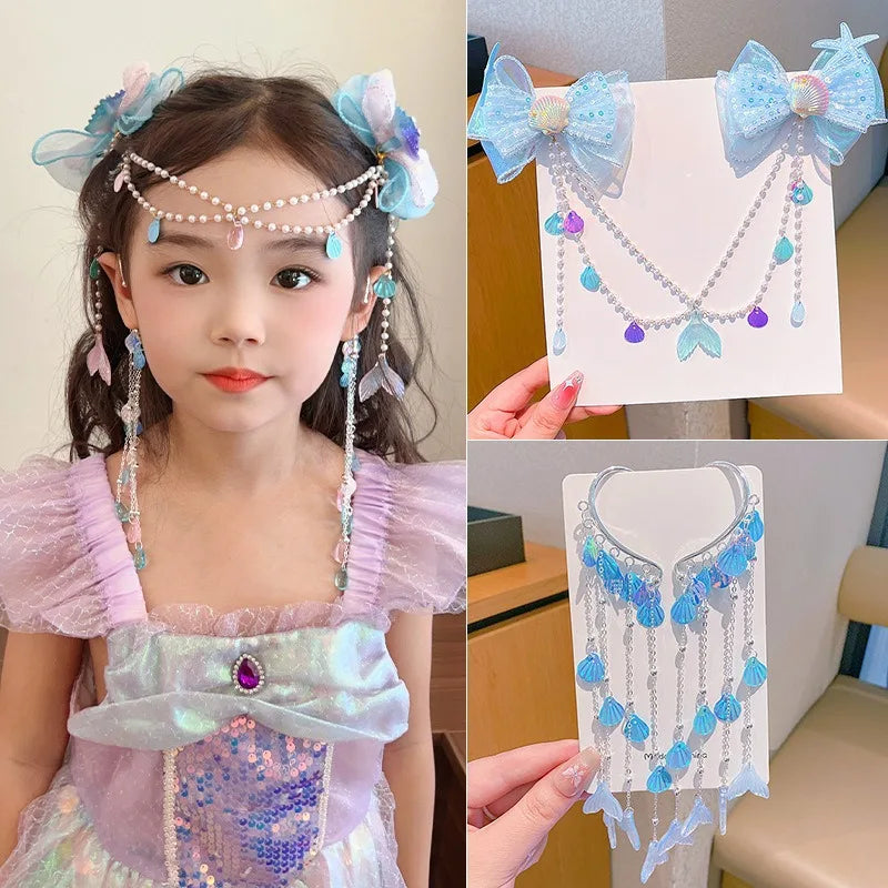 Baby Girls Cute Mermaid Princess Pearl Tassel Bow Forehead Chain Hair Clip Children Hair Accessories Girls Super Hair Clip TM04