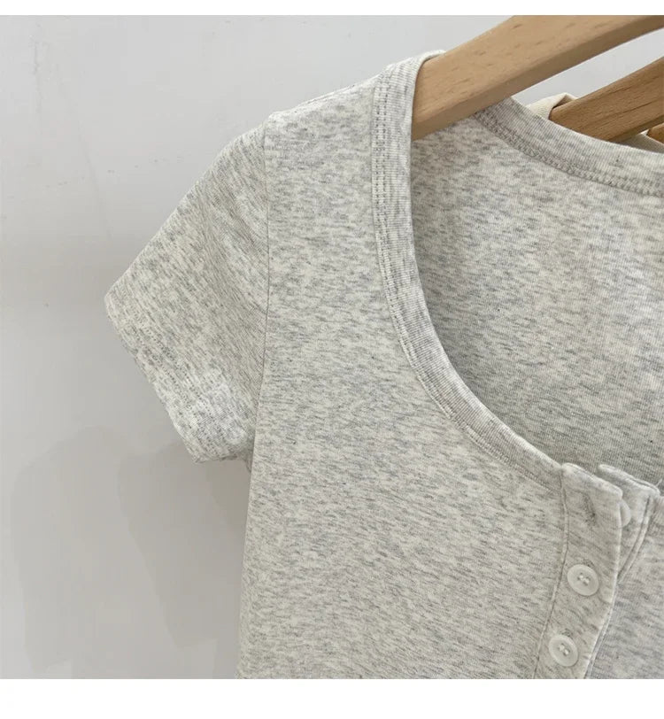 Women T Shirt Button T-Shirt Woman Clothes Tops Cotton Slim Tshirt Female Short Sleeve Top Summer Tee Sexy Canale Y2k