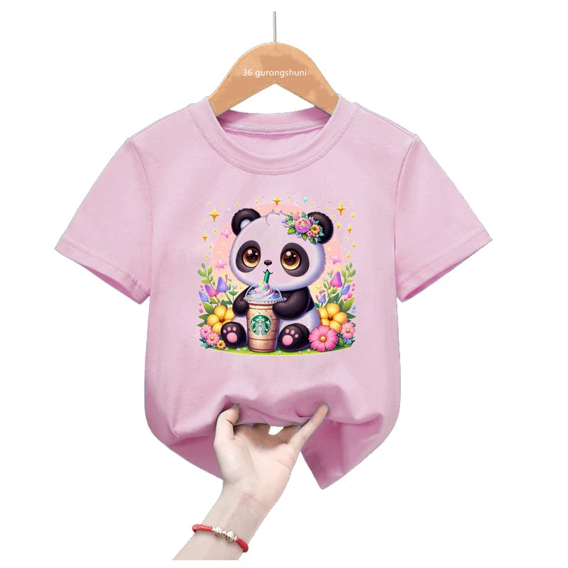 Rainbow Panda Birthday Gift Pink T Shirt Girls Harajuku Kawaii Kids Clothes Summer Fashion Tops Tee Shirt Funny T-Shirt