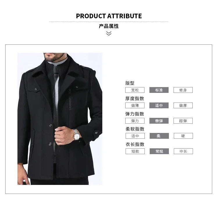 Winter Business Casual Wool Coat Men jackets Men's Woolen Coats Fashion Thicken Mid Length Trench Solid Warm Outerwear