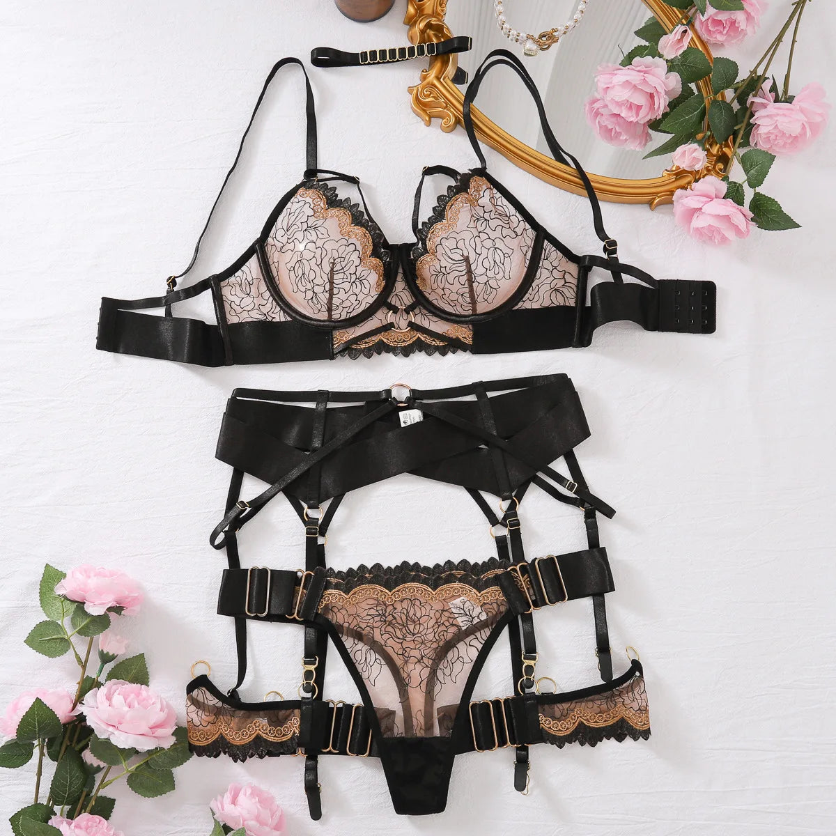 Women's Underwear Brazil Erotic Sexy Embroidery Bra And Panty Set Summer Luxury Lingerie Fancy Comfortable Underwear 5-piece Set