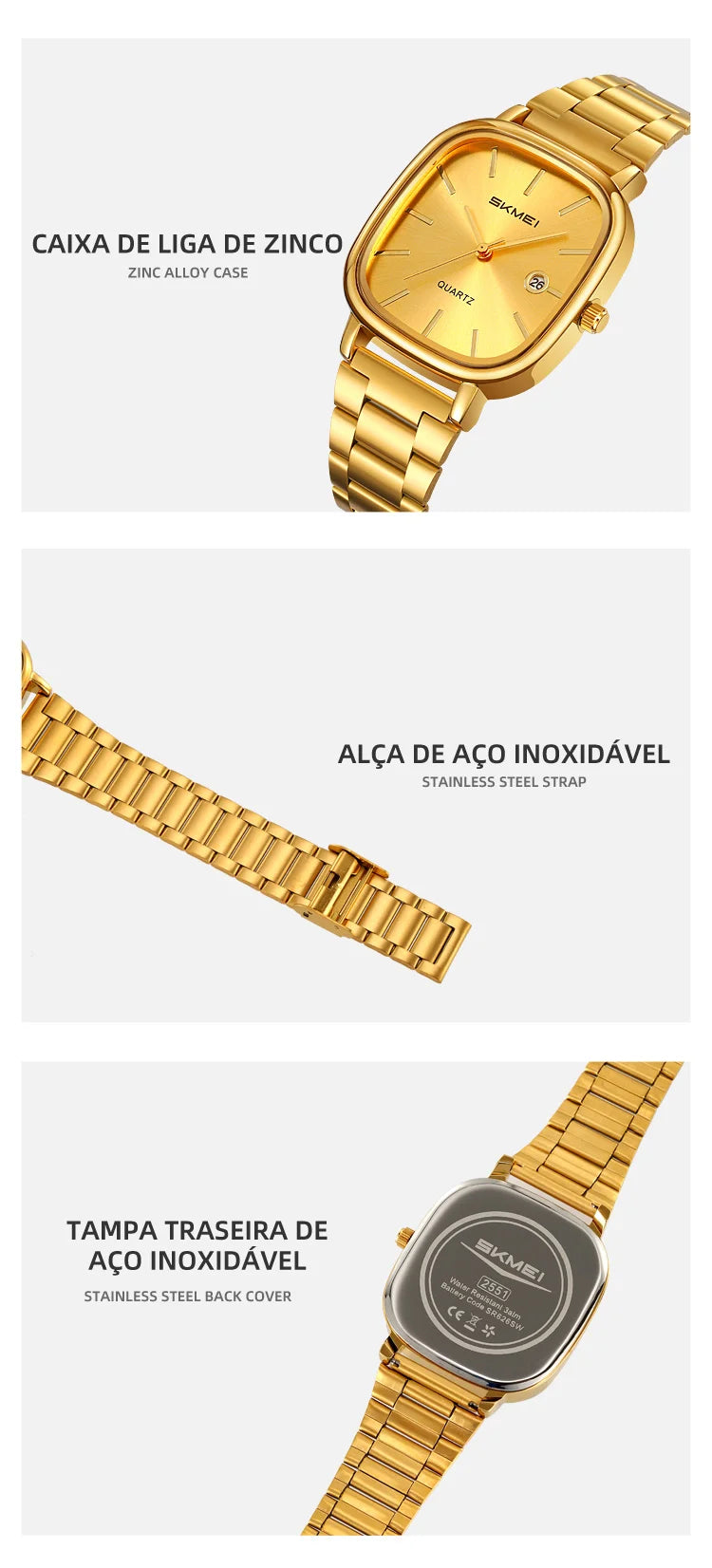 SKMEI Men's Quartz Watch Retro Square Zinc Alloy Case Gold Stainless Steel Band, 30M Water Resistance Time & Date Functions 2551