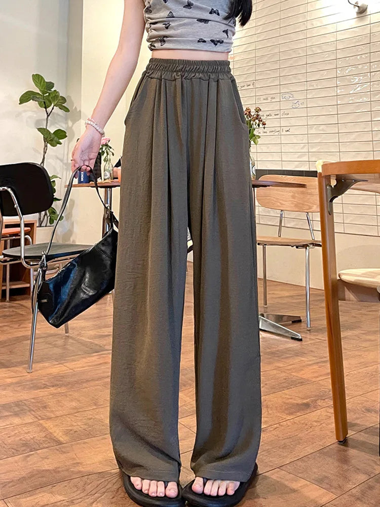 Summer Women Sweet Colorful Ice Silk Pants Lady Baggy Versatile Elastic Straight Leg Trousers Female Wide Leg High Waisted Pants
