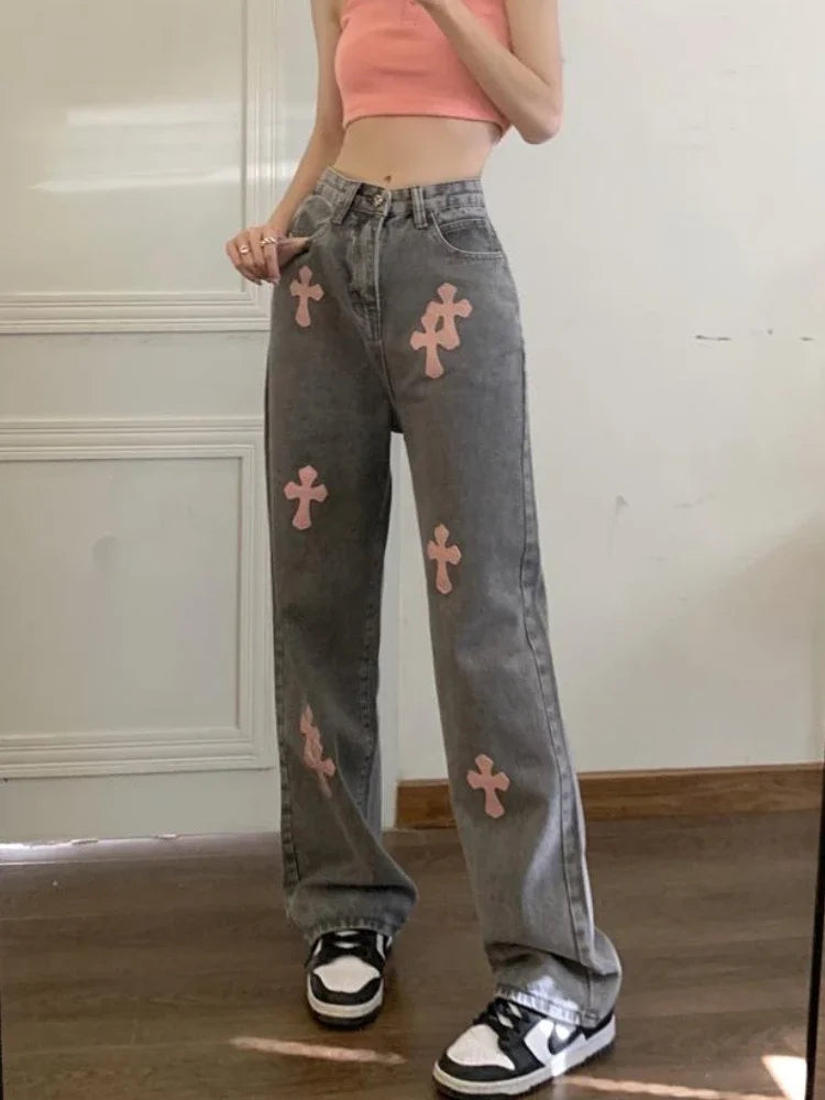 Denim Pant Women Jeans Vintage Straight Jeans Trousers Autumn Spring Fashion Female Gray Hight Waist Casual Wide Leg Jeans Pants