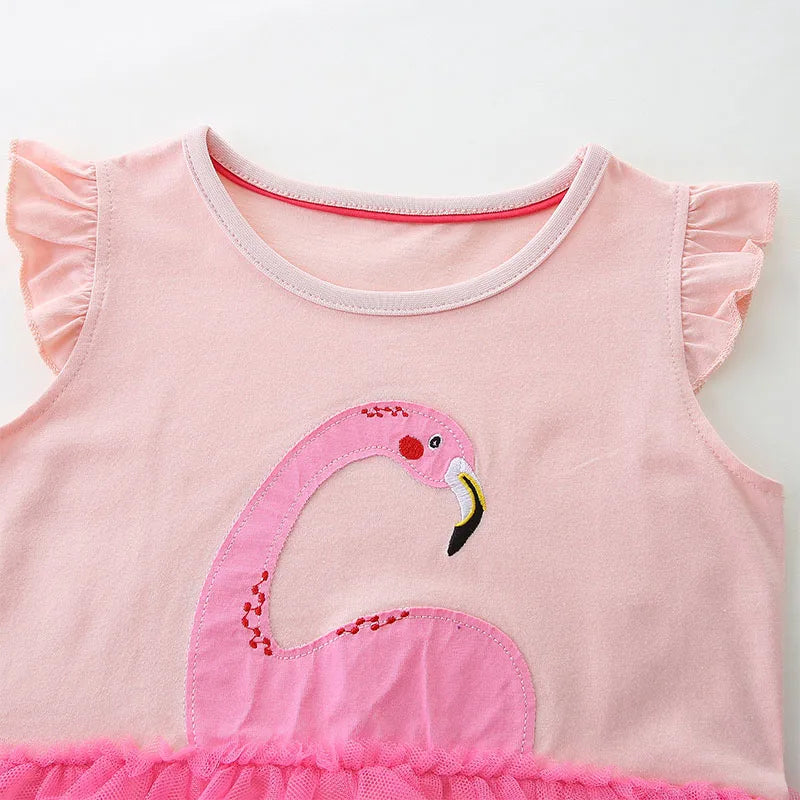 Little maven Kids Clothes Summer Children 's Clothing Baby Girls Cotton Embroidery Cartoon Flamingo Mesh Dresses Vestidos 2024