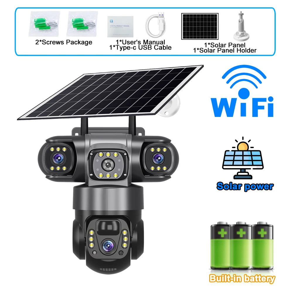4G Solar Security Camera Outdoor Waterproof Wireless Three Lens Three screens Full Color Night Vision Motion Detection CCTV